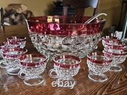 Vintage Punch Bowl Set with Red Rim, Lancaster Colony Whitehall Ruby Flash 14 Pc