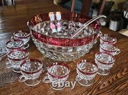 Vintage Punch Bowl Set with Red Rim, Lancaster Colony Whitehall Ruby Flash 14 Pc