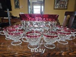 Vintage Punch Bowl Set with Red Rim, Lancaster Colony Whitehall Ruby Flash 14 Pc