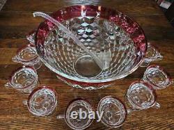 Vintage Punch Bowl Set with Red Rim, Lancaster Colony Whitehall Ruby Flash 14 Pc