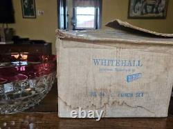 Vintage Punch Bowl Set with Red Rim, Lancaster Colony Whitehall Ruby Flash 14 Pc
