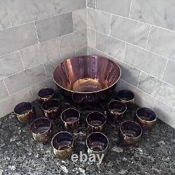 Vintage Purple Blue Iridescent Carnival Glass Punch Bowl And 12 Cups Set