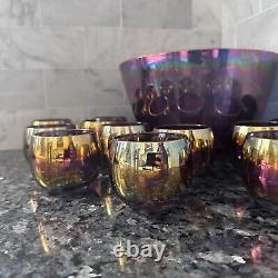 Vintage Purple Blue Iridescent Carnival Glass Punch Bowl And 12 Cups Set