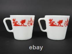 Vintage Pyrex 1410 Red Merry Christmas Santa Mugs Pair White Milk Glass