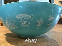 Vintage Pyrex 444 Hot Air Balloons Cinderella Bowl Turquoise And White