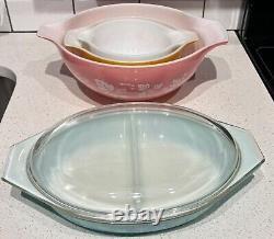 Vintage Pyrex Pink Gooseberry Set Nesting Bowls Snowflake Blue Divided Dish Set