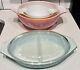 Vintage Pyrex Pink Gooseberry Set Nesting Bowls Snowflake Blue Divided Dish Set