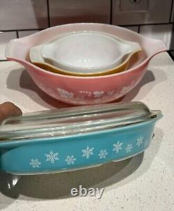 Vintage Pyrex Pink Gooseberry Set Nesting Bowls Snowflake Blue Divided Dish Set