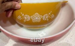 Vintage Pyrex Pink Gooseberry Set Nesting Bowls Snowflake Blue Divided Dish Set