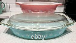 Vintage Pyrex Pink Gooseberry Set Nesting Bowls Snowflake Blue Divided Dish Set