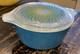 Vintage Pyrex Spirograph 475 Casserole Dish + Lid 2.5 Quart Blue Green