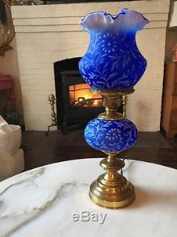 Vintage RARE Fenton Art Glass LG Wright COBALT BLUE SATIN DAISY & FERN LAMP