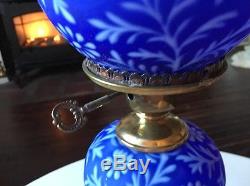Vintage RARE Fenton Art Glass LG Wright COBALT BLUE SATIN DAISY & FERN LAMP