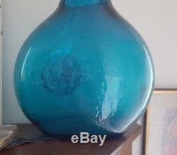Vintage RARE Husted Signed Blenko Blue XL Vase w Medallion on Front
