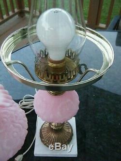 Vintage Rare Fenton Pink Satin Embossed Poppy Hurricane Lamp on Marble Base VGC