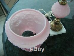Vintage Rare Fenton Pink Satin Embossed Poppy Hurricane Lamp on Marble Base VGC