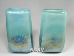 Vintage Studio Art Glass Iridescent Blue & Green Vase Pair Set Two (2) Handblown