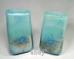 Vintage Studio Art Glass Iridescent Blue & Green Vase Pair Set Two (2) Handblown