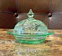Vintage Vaseline Uranium Trinket Candy Dish Bowl Lid Floral with Leaf Design