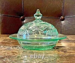 Vintage Vaseline Uranium Trinket Candy Dish Bowl Lid Floral with Leaf Design