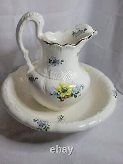 Vintage Wash Bowl and Pitcher Large with Blue Yellow and Pink Flower Design
