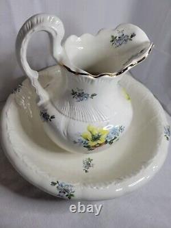 Vintage Wash Bowl and Pitcher Large with Blue Yellow and Pink Flower Design