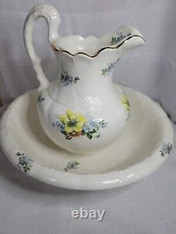 Vintage Wash Bowl and Pitcher Large with Blue Yellow and Pink Flower Design