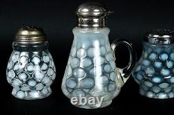 Vintage White / Blue Opalescent COIN SPOT Cheese Shakers & Syrup Depression Era