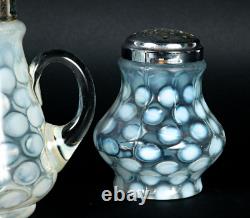 Vintage White / Blue Opalescent COIN SPOT Cheese Shakers & Syrup Depression Era