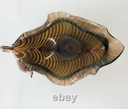 Vtg Art Glass Venini Murano Tyra Lundgren Leaf Rolled Edge Striped Brown Blue