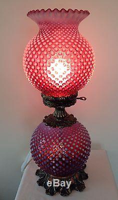 Vtg Fenton Art Glass Gone With The Wind Cranberry Opalescent Hobnail Lamp B7