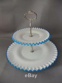Vtg Fenton Blue Crest Wht Milk Glass Sandwich Tidbit Two Tier Wedding Plate Tray