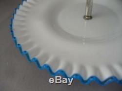 Vtg Fenton Blue Crest Wht Milk Glass Sandwich Tidbit Two Tier Wedding Plate Tray