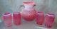 Vtg Fenton Cranberry Opalescent Hobnail Pitcher & 4 Barrel Tumblers Glass Set