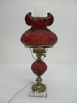 Vtg Fenton Glass Ruby Red Electric Hurricane Lamp Poppy Ruffle Shade Marble Base