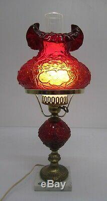 Vtg Fenton Glass Ruby Red Electric Hurricane Lamp Poppy Ruffle Shade Marble Base