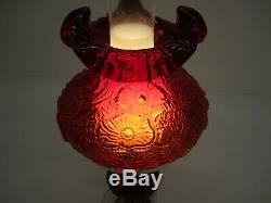 Vtg Fenton Glass Ruby Red Electric Hurricane Lamp Poppy Ruffle Shade Marble Base