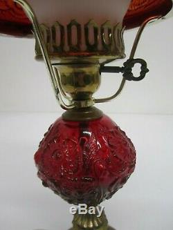 Vtg Fenton Glass Ruby Red Electric Hurricane Lamp Poppy Ruffle Shade Marble Base