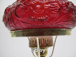 Vtg Fenton Glass Ruby Red Electric Hurricane Lamp Poppy Ruffle Shade Marble Base