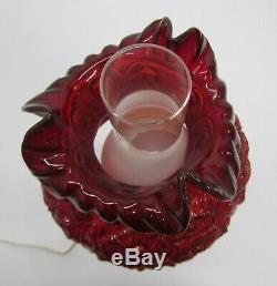 Vtg Fenton Glass Ruby Red Electric Hurricane Lamp Poppy Ruffle Shade Marble Base