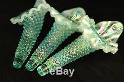 Vtg Fenton Opaline Green Hobnail Glass 3 Flower Flute / Horn Epergne Vase