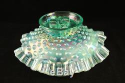Vtg Fenton Opaline Green Hobnail Glass 3 Flower Flute / Horn Epergne Vase