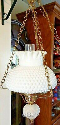 Vtg Fenton White Hobnail Milk Glass Hurricane Globe Hanging Lamp Electric 1950's