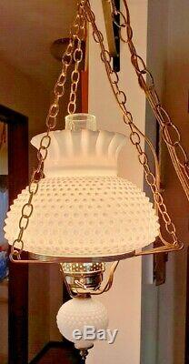 Vtg Fenton White Hobnail Milk Glass Hurricane Globe Hanging Lamp Electric 1950's