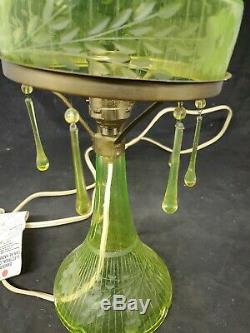 Vtg GREEN vaseline GLASS ELECTRIC LAMP Rare tear drop floral shade fluorescent