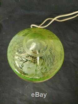 Vtg GREEN vaseline GLASS ELECTRIC LAMP Rare tear drop floral shade fluorescent