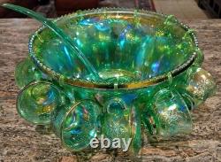 Vtg Indiana Harvest Grape Carnival Glass Iridescent Green Punch Bowl Set w Hooks