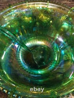Vtg Indiana Harvest Grape Carnival Glass Iridescent Green Punch Bowl Set w Hooks