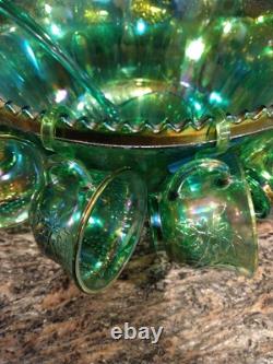 Vtg Indiana Harvest Grape Carnival Glass Iridescent Green Punch Bowl Set w Hooks