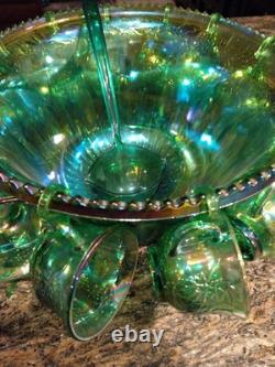 Vtg Indiana Harvest Grape Carnival Glass Iridescent Green Punch Bowl Set w Hooks